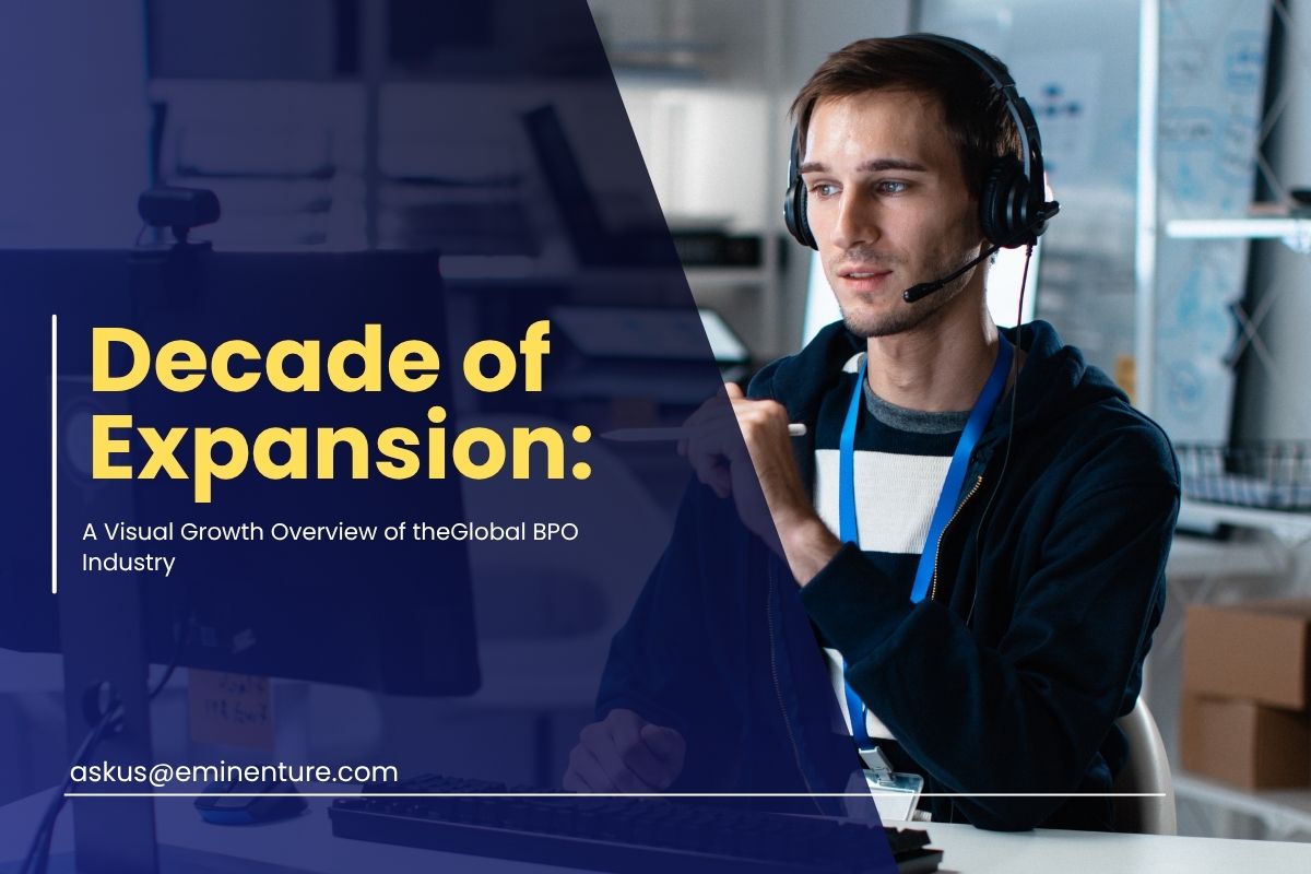 Global BPO industry growth overview with customer support executive using headset in a modern office environment.